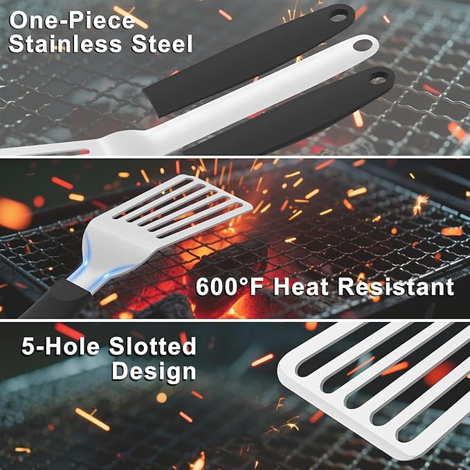 Fish Spatula Stainless Steel, 2Pcs Thickened Metal Spatulas, Slotted Turner with Silicone Handle for Cooking, Grilling, Flipping, Egg, Cookie, Pancake and Burger (Small and Large)