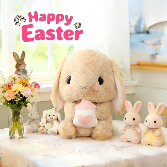 HOUPU Soft Toy - Sitting Lop Eared Rabbit, Easter White Rabbit Stuffed Bunny Animal with Carrot Soft Lovely Realistic Long-Eared Standing Pink Plush Toys (Brown-Milk Bottle,8.6in/22cm)