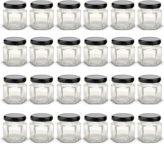 1.5 oz Hexagon Mini Glass Jars with BLACK Lids and Labels (Pack of 24)