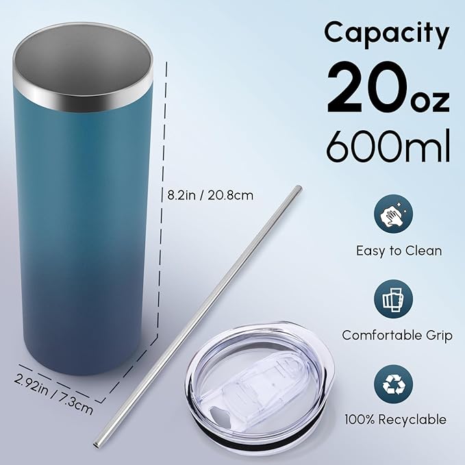 Volhoply 8 Pack Skinny Tumblers with Lid and Straw, 20oz Stainless Steel Straight Tumbler Bulk, Vacuum Insulated Coffee Mug for Home, Office, Travel, DIY (Dark Night,8 Pack)