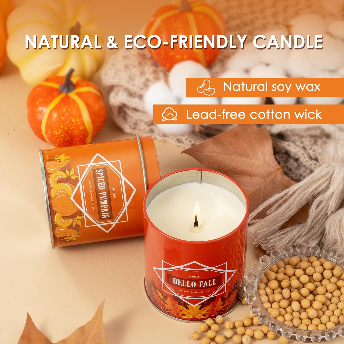 Fall Scented Candles Gift Set – 4 Pack of 9Oz Soy Candles, Autumn Fragrances (Pumpkin Spice, Apple Pie, Hello Fall, Cinnamon Clove), Holiday Gifts for Women & Men