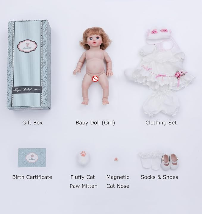 Baby Doll, 18 Inch Realistic Reborn Toddler Real Life Baby Dolls with White Lace Dress, Magnetic Cat Nose, Fluffy Paw Mitten & Tail, Premium Collectible Gift for 3+ Year Old Girls
