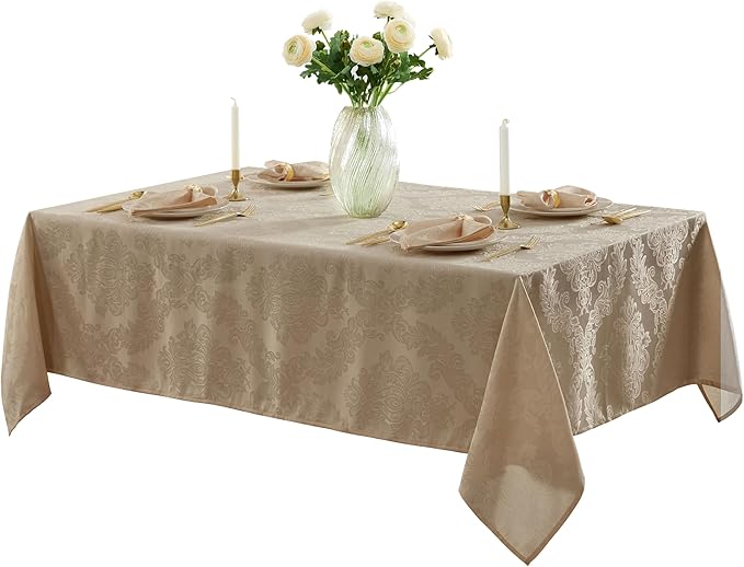 Newbridge Barcelona Luxury Damask Fabric Tablecloth, 70” Extra Wide x 108” Rectangle, Golden Beige, 100% Polyester, No Iron, Soil Resistant Dining Room, Party and Banquet Table Cover