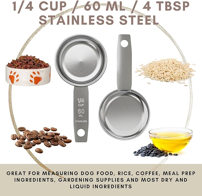 1/4 Cup Stainless Steel Measuring Cup | Sturdy Metal 60 ml | 60 cc | 2 oz | Single Cup for Wet and Dry Ingredients | Great for use as 1/4 Cup Dog Food Scoop - 4 PK
