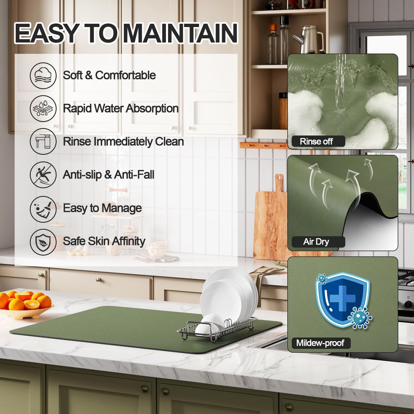 Dish Drying Mat for Kitchen Counter | Coffee Bar Mat for Countertops | Heat Resistant Drainer Mat with Non-slip Rubber Backed | Hide Stain Kitchen Absorbent Draining Mat | Green 16"x18"