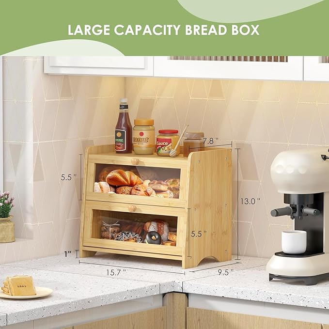 JANSNIMEN Double Layer Bread Box for Kitchen Countertop, Large Breadbox Bread Container Storage with Acrylic Door, Wooden Farmhouse Bread Holder (Bamboo, Medim-15.7" L x 9.5" W x 13" H)