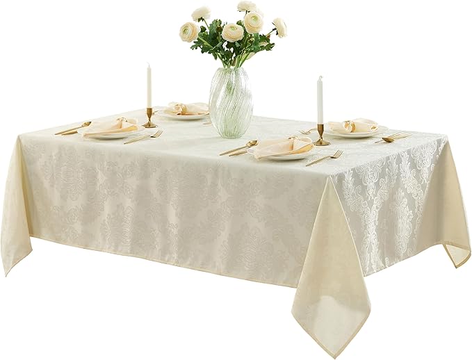 Newbridge Barcelona Luxury Damask Fabric Tablecloth, 70” x 70”, Square, Antique White, 100% Polyester, No Iron, Soil Resistant Dining Room, Party and Banquet Table Cover