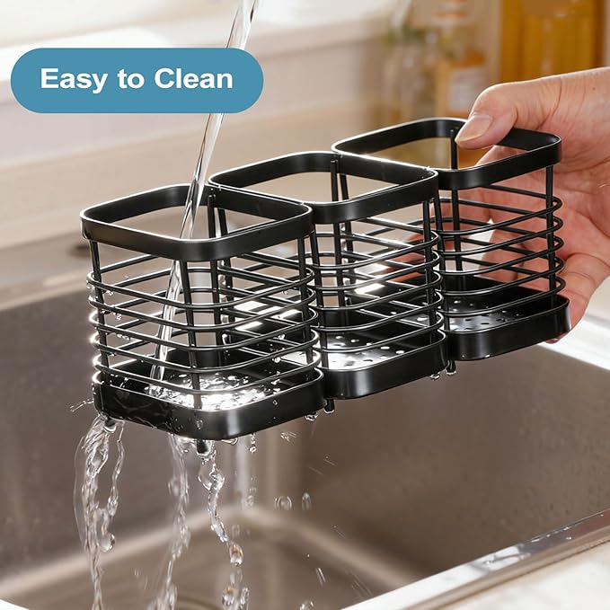 Utensil Holder, Stainless Steel Utensil Drying Rack for Kitchen Counter, Silverware Cutlery Flatware Holder Forks, Knives, Spoons, Chopsticks Organizer (Black)