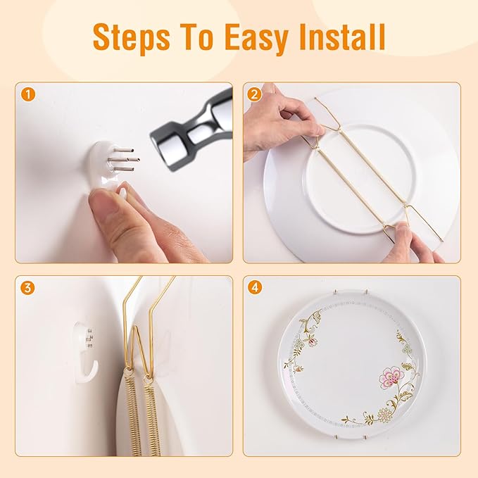 3 Pack Plate Hangers for The Wall, Suitable for 8-10 inch Art Plate, Stainless Steel Invisible Heavy Duty Wire Plate Holder with Wall Hooks, Plate Hangers for Displaying Plates, Platter, Dish, Gold
