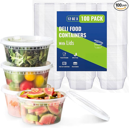 AOZITA 100 Sets 12 oz Plastic Deli Containers With Lids, Airtight Food Storage Containers, Freezer/Dishwasher/Microwave Safe, Takeout Meal Prep Storage