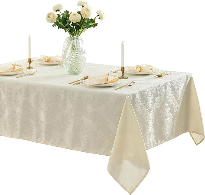 Newbridge Barcelona Luxury Damask Fabric Tablecloth, 70” Extra Wide x 126” Rectangle, Antique White, 100% Polyester, No Iron, Soil Resistant Dining Room, Party and Banquet Table Cover