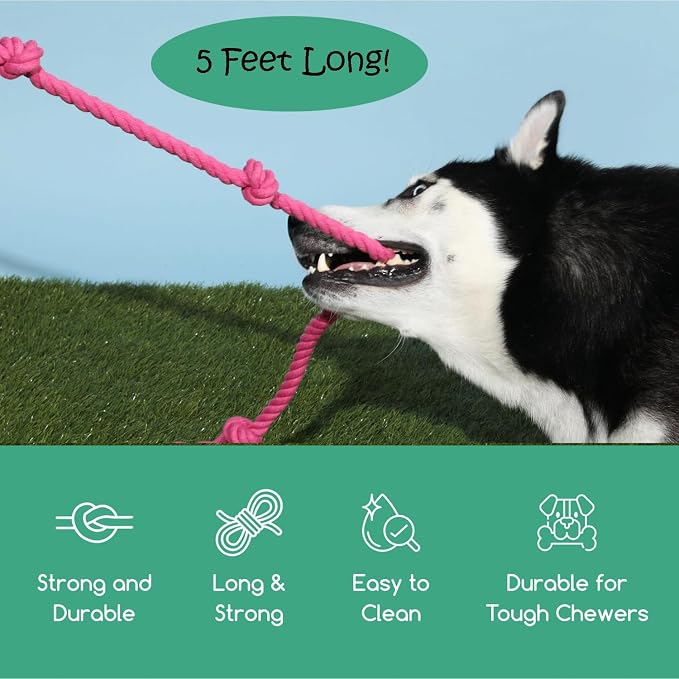 Tumbo Tough Tug Rope Dog Toy - (Pink 5 ft Long Strong and Durable Rope Pull Toy with Handle) TUG of WAR Dog Toy