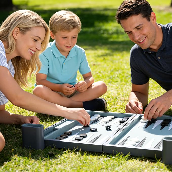 Backgammon Set - Classic Board Game with Premium PU Leather Case - Portable Travel Strategy Backgammon Game Set for Adults, Kids Family Game Night, Vacation & Gifts (11inch Small, Gray)