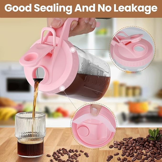 Cold Brew Coffee Maker,32 oz Mason Jar Pitcher with Stainless Steel Filter, Pour Spout Handle Lid, Heavy Duty Glass Airtight & Leak-Proof for Iced Coffee Tea Breastmilk Lemonade-Pink