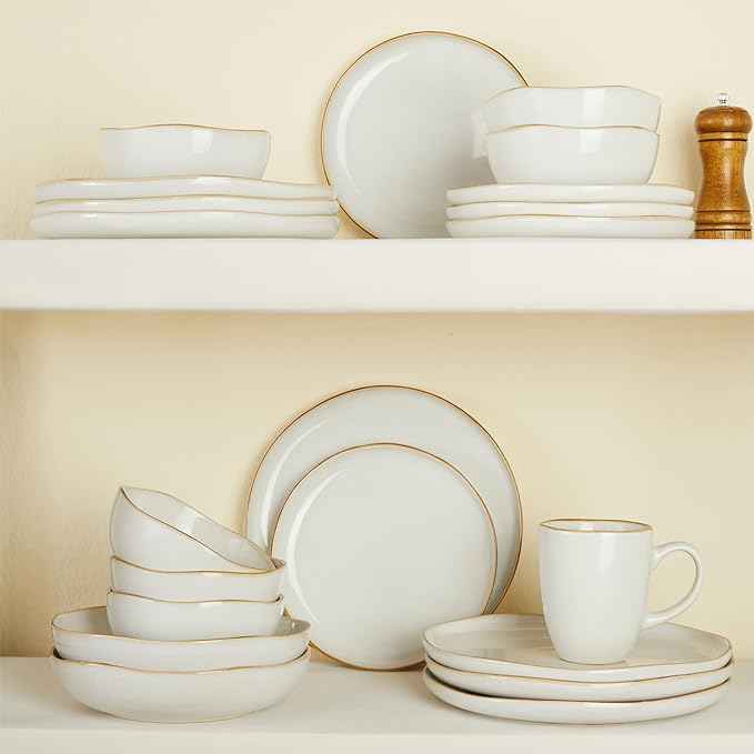 Dinnerware Set for 4, Ceramic Dish Set, Plate and Bowl Set, Microwave & Dishwasher Safe Dishware Set, Chip & Scratch Resistant Dinner Sets, Irregular Edge Design, White