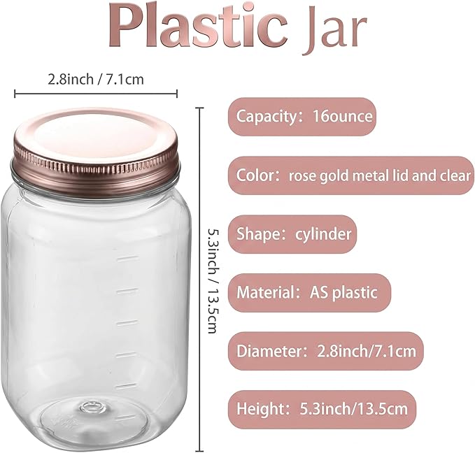 novelinks 16 oz Clear Plastic Jars with Lids, Refillable 16oz Mason Jars with Lids & Storage Containers for Kitchen & Household Use (10 Pack,Rose Gold)