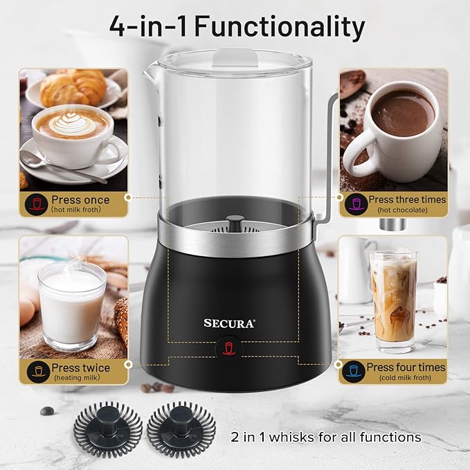 Secura 17oz 4-in-1 Electric Milk Frother and Steamer with Glass Jug, Hot/Cold Foam Maker for Latte, Cappuccino, Macchiato & Hot Chocolate, No Non-Stick Coating and Teflon-Free Design