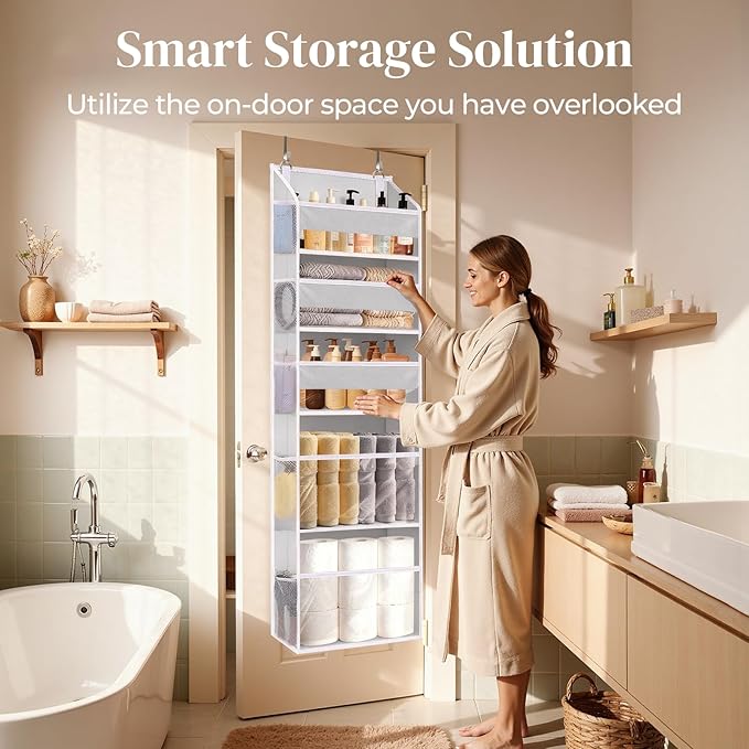 5 Tiers Over Door Organizer with 10 Mesh Side Pockets, 44 lbs Weight Capacity Hanging Storage Organizer with Clear Window Kids Toys, Shoes, Diapers, Light Gray