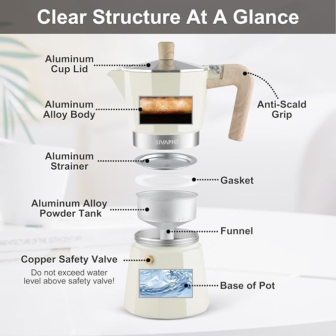 Sivaphe Aluminum Moka Pot 6 Espresso Cups, Percolator Espresso and Coffee Maker, Portable Stovetop Italian and Cuban Café Brewer for Home and Camping White