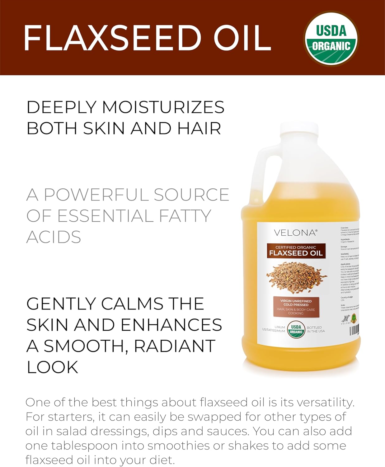 velona USDA Certified Organic Flaxseed Oil - 64 Fl Oz | 100% Pure and Natural Carrier Oil | Unrefined, Cold Pressed |Body, Face & Skin Care | Use Today - Enjoy Results…