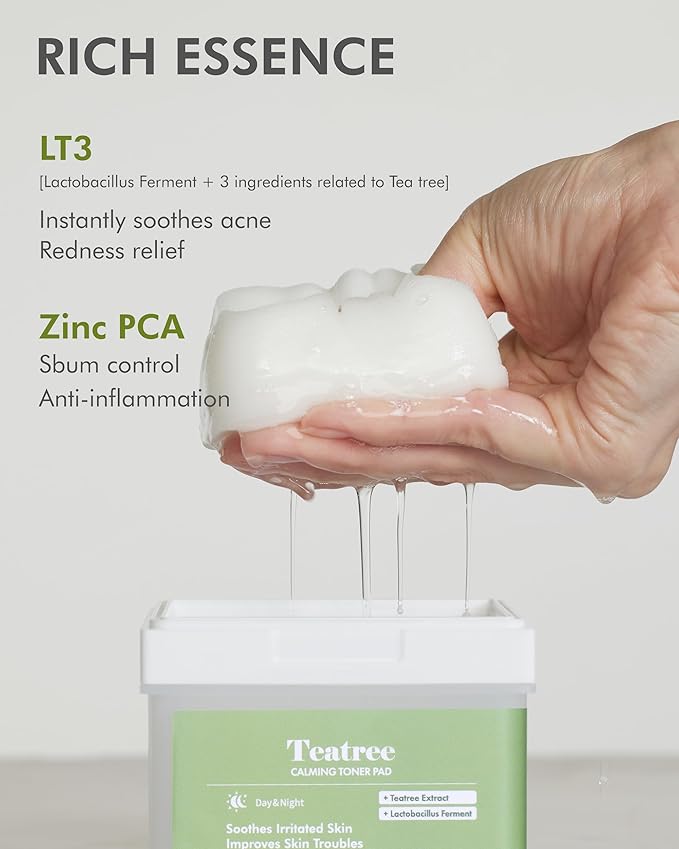 DERMAL Teatree Calming Toner Pad - Korean Toner Pad for Calming & Acne Improvement with Zinc PCA - Vegan Gauze Tencel Square Pads - High Capacity, 120 Sheets