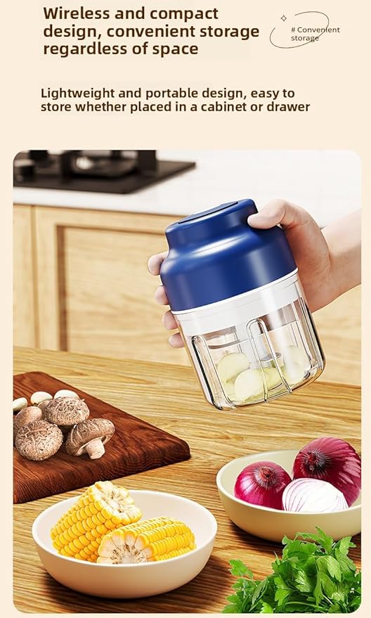 Household Electric Garlic Crusher, Cordless Mini Chopper With USB Rechargeable, Portable Food Processor for Garlic, Onion, Chili, Nuts, Vegetables (2 PCS Blue)