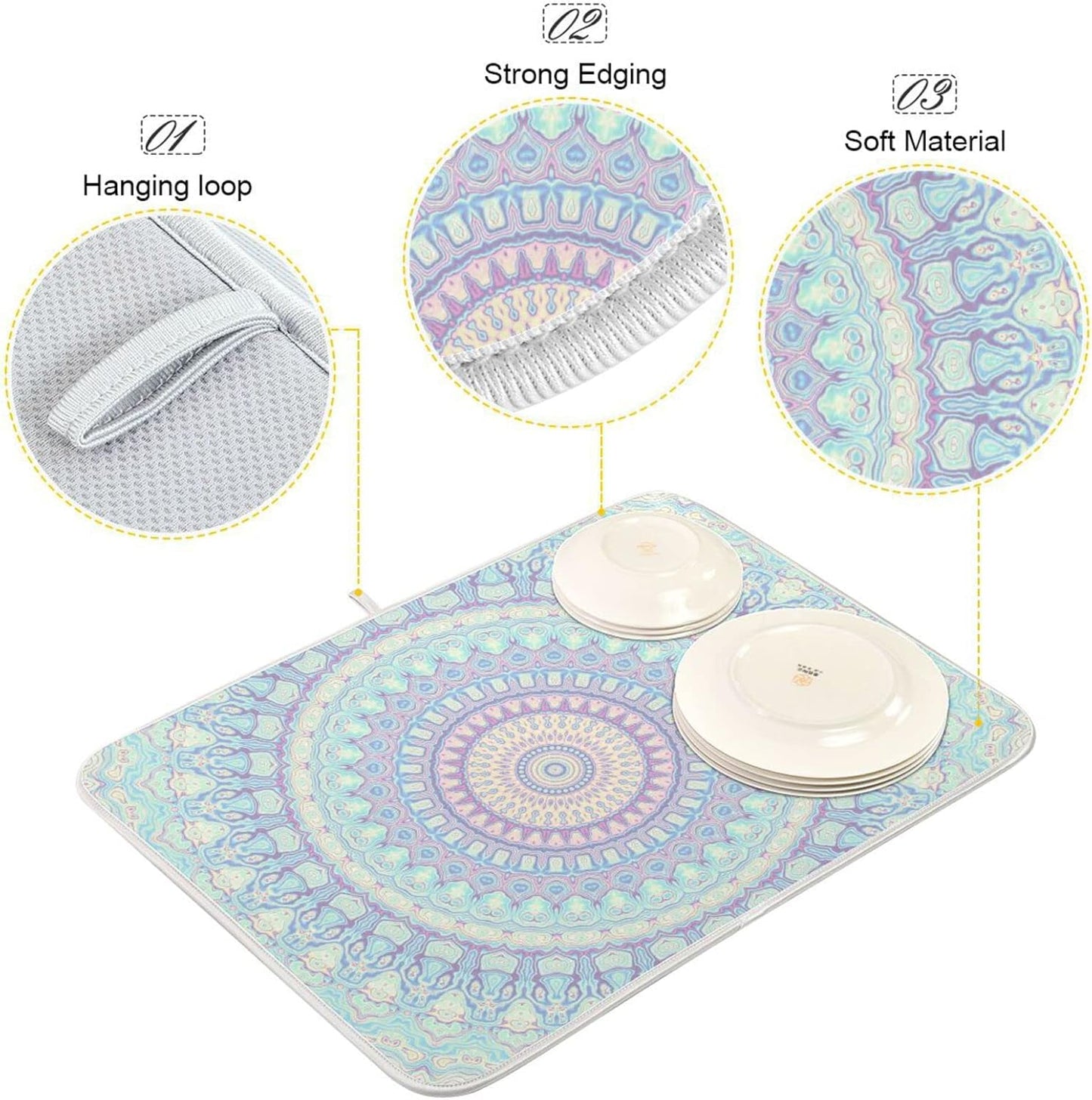 Mandala Bohemian Dish Drying Mat for Kitchen Counter Boho Ethnic Absorbent Microfiber Drying Pad, Medium 16x18 in, Reversible Drainer Mats