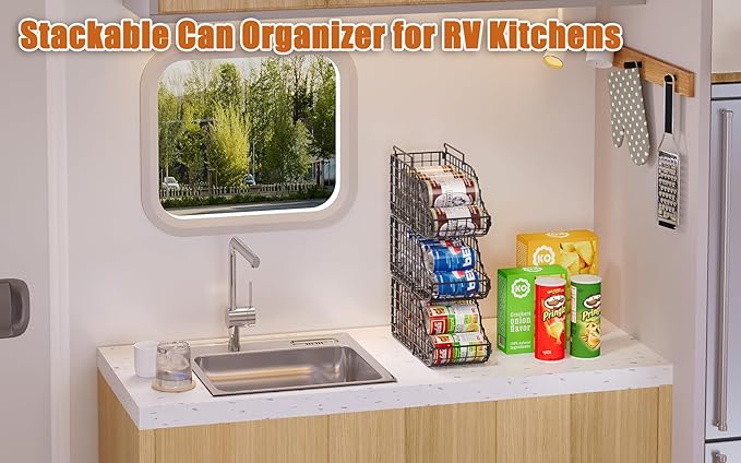 8-Pack Can Organizer for Pantry, Stackable Cabinet Food Shelves for Fridge, Wire Cupboard Storage, Holds up to 72 Beers,Small Metal Bin for Drink Beverage Egg Gillas, Rack for Kitchen Countertops RV