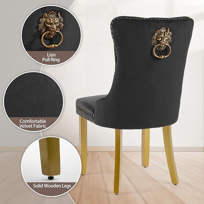 Velvet Dining Chairs Set of 6, Upholstered Dining Room Chairs with Lion Head Pulls Ring and Golden Solid Wood Legs, Modern Button Tufted Kitchen Chairs for Dining Room, Kitchen(Black)