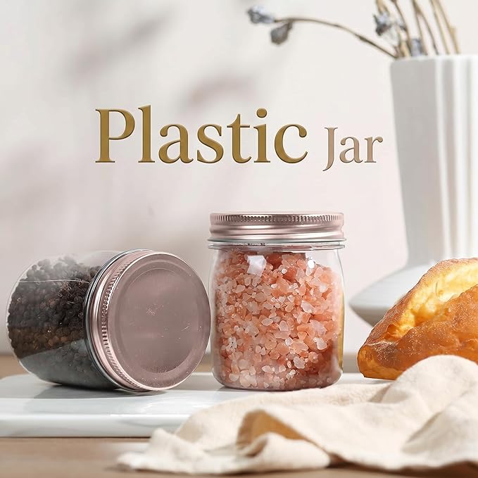 novelinks 8 oz Clear Plastic Jars with Airtight Lids, 8 Pack Plastic Mason Jars with Lids 8oz, Refillable Storage Slime Containers & Small Spice Jar for Kitchen Organization (8 Pack,Rose Gold)