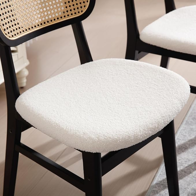 Black Rattan Dining Chairs Set of 4 Lambswool Dining Room Chairs Natural Wooden Kitchen Chairs Farmhouse Boho