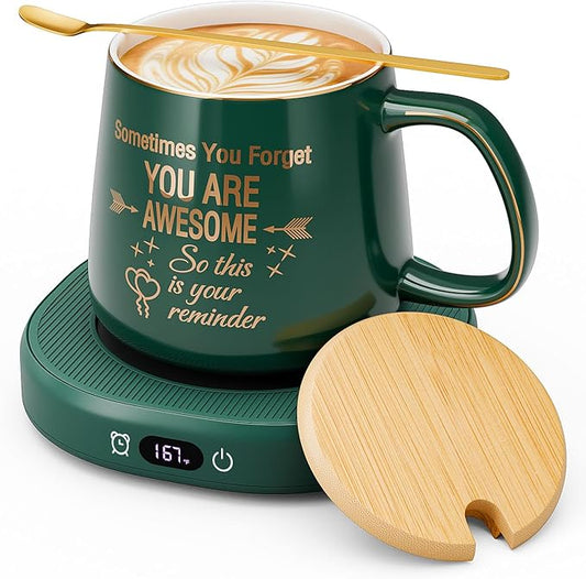 Coffee Mug Warmer & You are Awesome Mug Set, Electric Cup Warmer with Auto Shut Off, 4 Temperature Setting Smart Beverage Warmer, 8-Hours Auto Shut Off