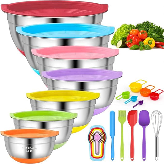 CHAREADA Mixing Bowls with Airtight Lids, 18pcs Stainless Steel Nesting Mixing Bowls Set Non-slip Silicone Bottom, Size 4.5, 3.6, 2.7, 2.1, 1.7, 1.1, 0.7 qt, Fit for Mixing & Serving(Colorful)