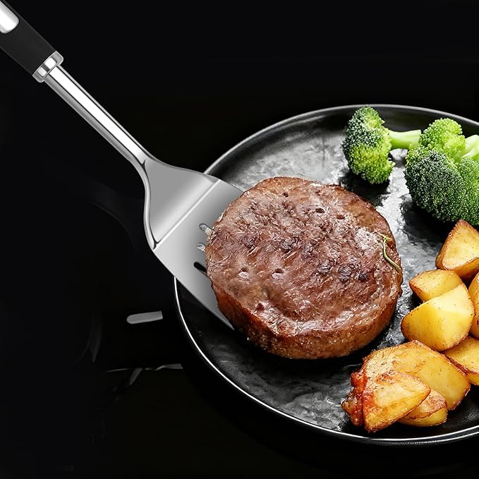 Pack of 4 Cooking Utensils Set, Large Solid Spatulas, Heat Resistant Slotted Spoons, Ideal Kitchen Turners for Frying, Mixing,Serving,Draining,Turning,Stirring