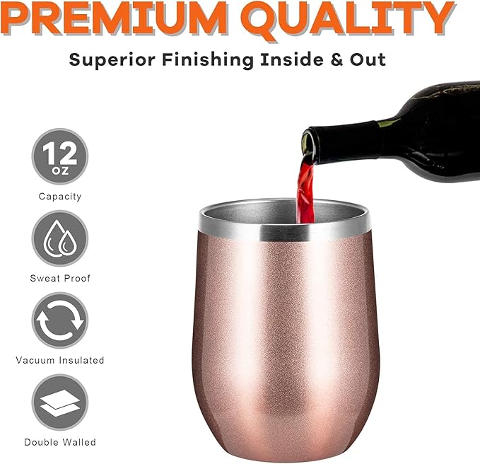 COMOOO Rose Gold Wine Tumbler 12oz Insulated Wine Cup 4 Pack with Lid and Straw Stainless Steel Wine Glass Tumbler Coffee, Wine, Champagne, Cocktails, Rose Gold