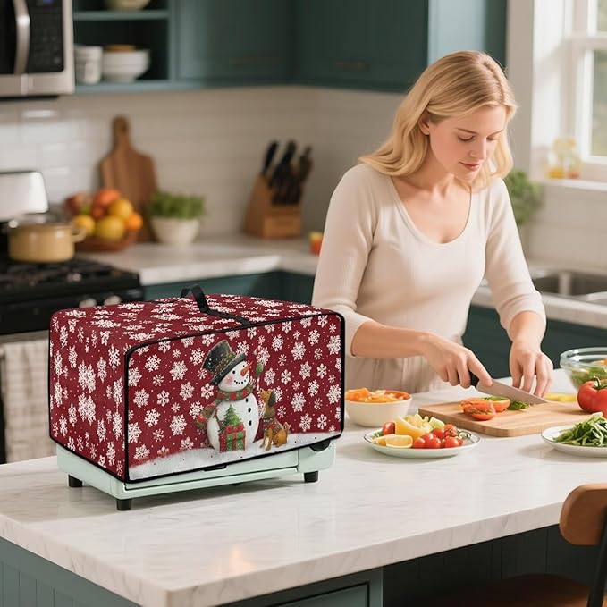 Toaster Oven Dust Cover with Storage Pockets, Protective Decorative Smart Oven Cover for for Kitchen Countertop, S, Snowman Dachshund Dog Snowflake Red Christmas Decor