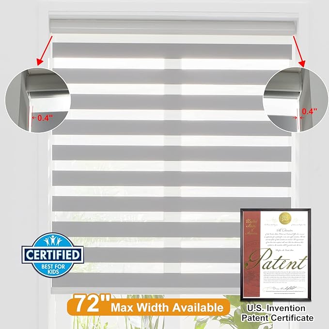 Persilux Cordless Zebra Blinds (70" W x 72" H, Grey) Dual Layer Fabric, Privacy Window Blinds, Dual Layer Zebra Roller Shades, Light Filtering Sheer Window Treatments for Home, Office…