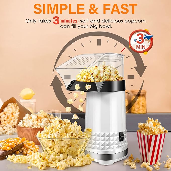 Quick & Easy 4.5Qt Oil-Free Hot Air Popcorn Machine - ETL Certified with Butter Melter, Measuring Cup & On/Off Switch for Movie Nights & Parties(White)