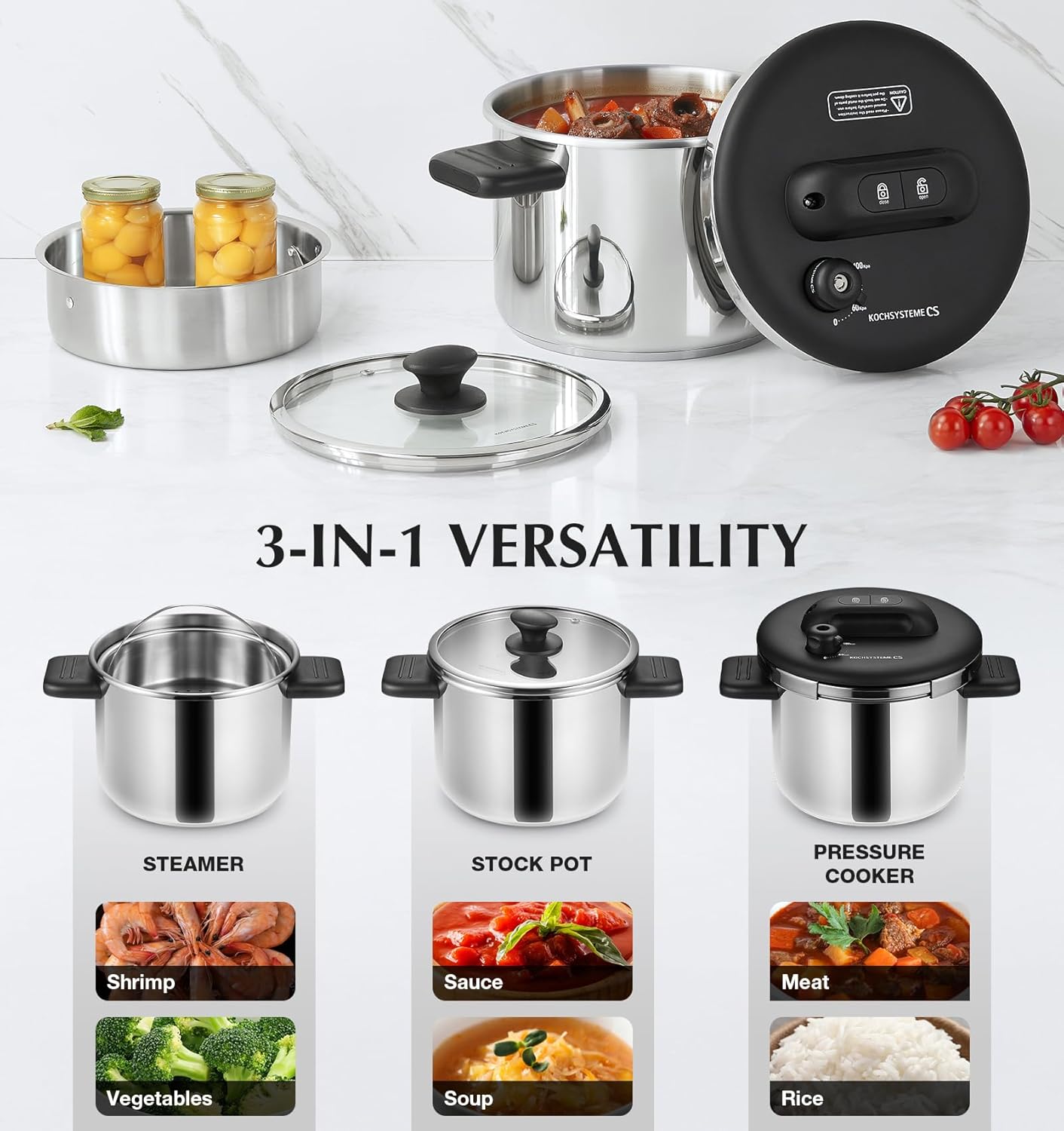 KOCH SYSTEME CS Stainless Steel Pressure Cooker 8.5 Quart, Olla de Presion, 3 PSI Settings, 18/10 Stainless Steel Pressure Cooker, One-Press Lock Pressure Cookers, Induction Ready, Glass Lid & Steamer