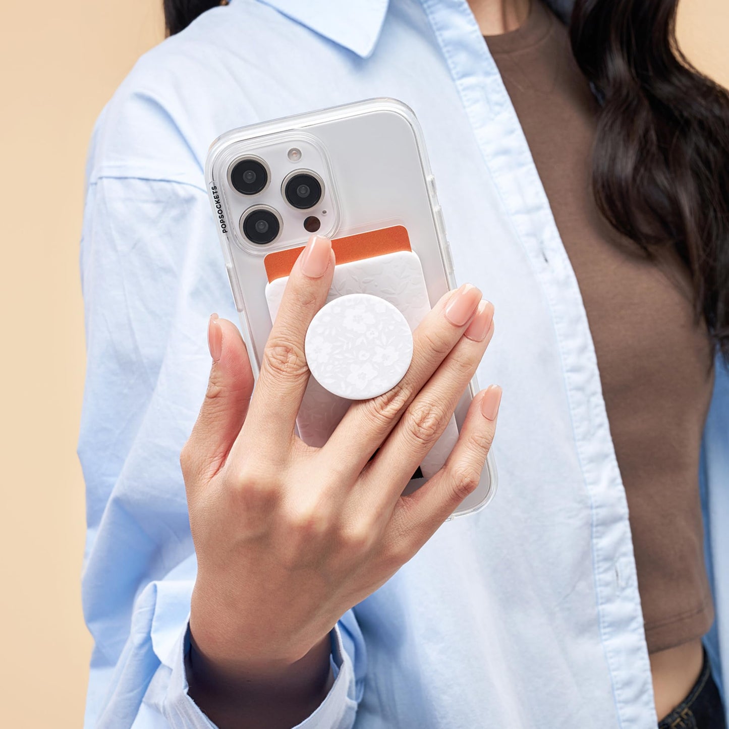 PopSockets Phone Wallet with Expanding Grip and Adapter Ring for MagSafe, Phone Card Holder, Wireless Charging Compatible, Wallet Compatible with MagSafe, Cute PopSockets - Blanc Fresh