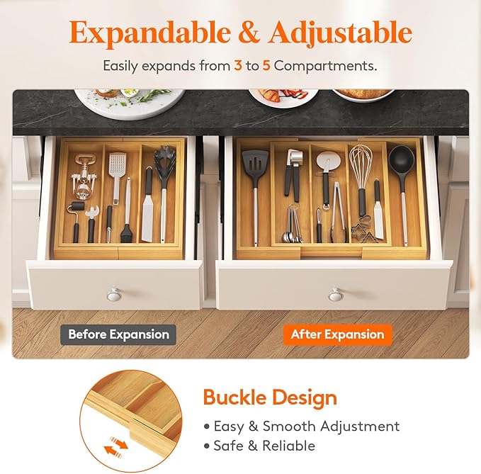 Lifewit Silverware Drawer Organizer Tray,Bamboo Cutlery Silverware Flatware Holder,Flatware and Utensil Holder Divider for Spoons Forks Knives Tableware