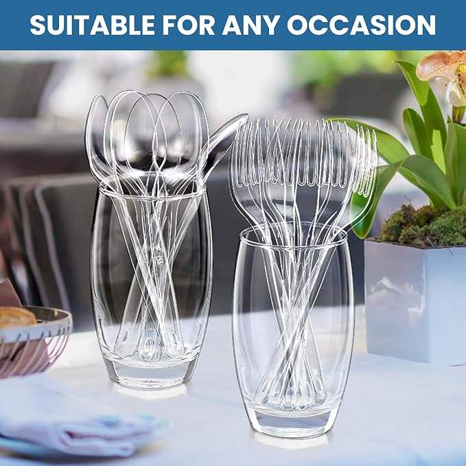 [600 Count] Clear Plastic Utensils 600 clear plastic forks and spoons Disposable 300 Forks and 300 Spoons Silverware Bulk Forks and Spoons Bulk Heat Resistant Heavy Duty Silverware