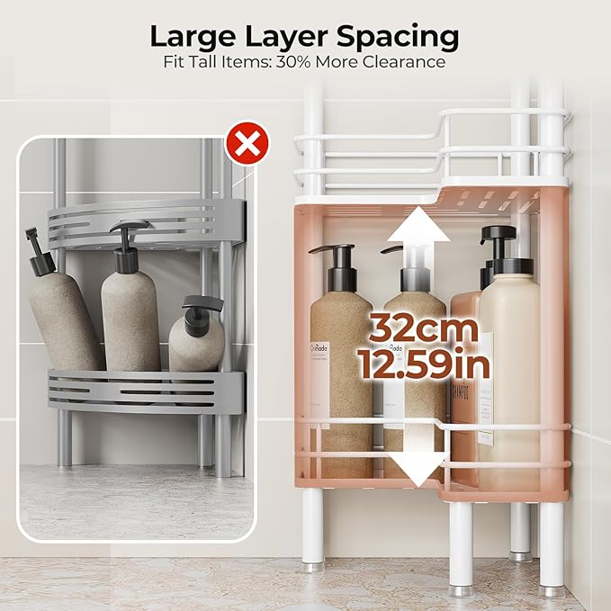 Orimade Rustproof 2 Tier Floor Standing Corner Shower Caddy Organizer with Toothbrush Holder, Large Spacing Floor Shower Shelf Rack Storage Stands with Hooks for Bathroom Kitchen, White