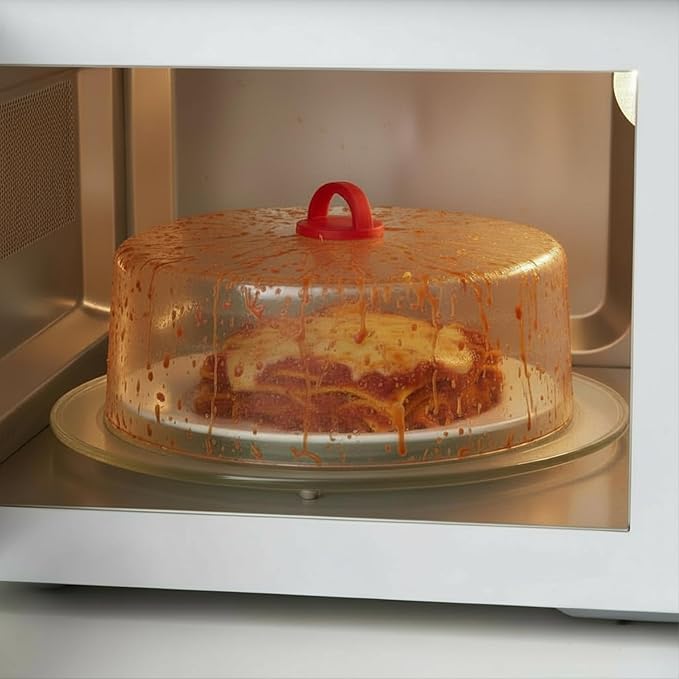 Tall Microwave Tempered Borosilicate Glass Plate Cover with Red Easy-Grip Silicone Handle - Steam Food Without Venting - Microwave/Oven/Stove Safe - 10" x 4"