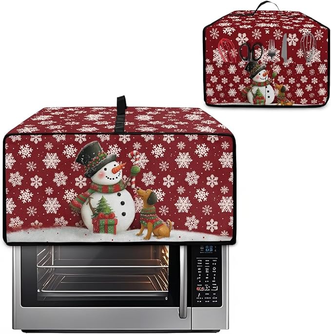 Toaster Oven Dust Cover with Storage Pockets, Protective Decorative Smart Oven Cover for for Kitchen Countertop, M, Snowman Dachshund Dog Snowflake Red Christmas Decor