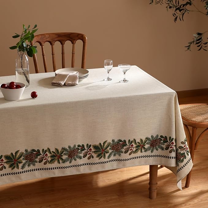 ISAENNE Designer Christmas Linen Table Cloth for Rectangle Table,Light Beige Western Tablecloth,Wrinkle Resistant Decor Tablecloths for Dining Thanksgiving Kitchen Christmas,55"*79"-Carol G