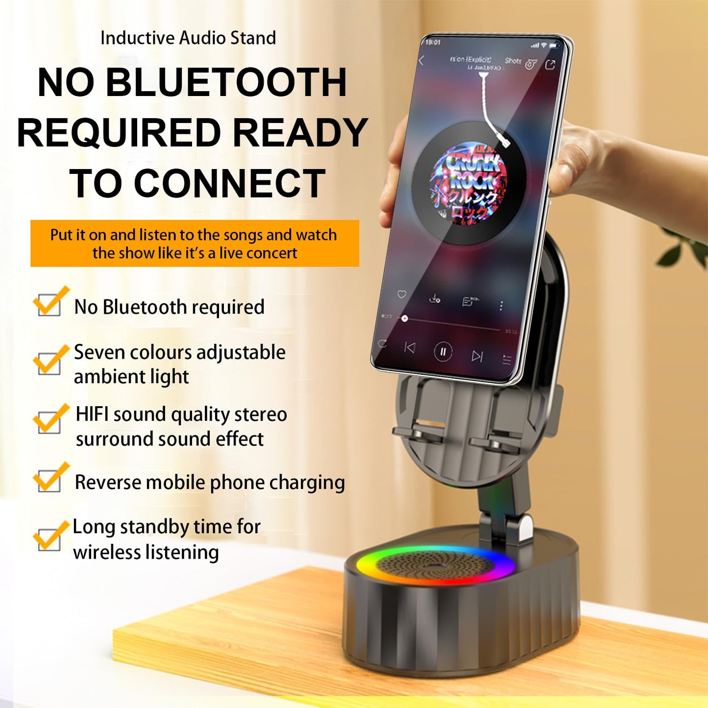 Cell Phone Stand with Wireless Bluetooth Speaker,Induction Speaker HD Surround Sound for Home and Outdoor,Compatible with iPhone/ipad/Samsung Galaxy