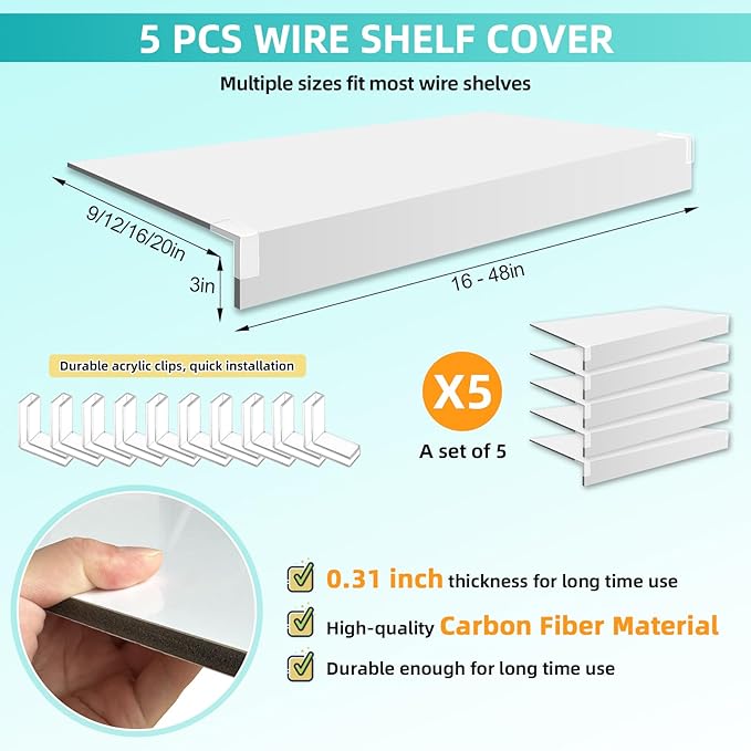 5 Pcs Wire Shelf Cover, 35X16X3 Inch Carbon Fiber Material Shelf Covers for Pantry Shelves(Not Wood), Waterproof Removable Closet Shelving Liner for Home Kitchen,Office Organization - White