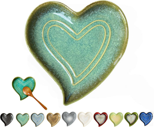 Ceramic Spoon Rest for Stove Top, Heart Cute Spoon Rest for Kitchen Counter, Cooking Spoon Holder for Kitchen Counter, Utensil Rest Spatula Rest Ladle Holder Tong Rest (Retro Mist Green)