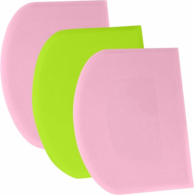 SURDOCA Dough Scraper Bench Scraper - 3P 9.5x6.1" Plastic Flexible Bowl Scraper, Sharp Edge & Angles Cake Scraper. Non-Slip Bakeware Decorating Tools Sculpting & Modeling Tools - Pink+Green+Pink